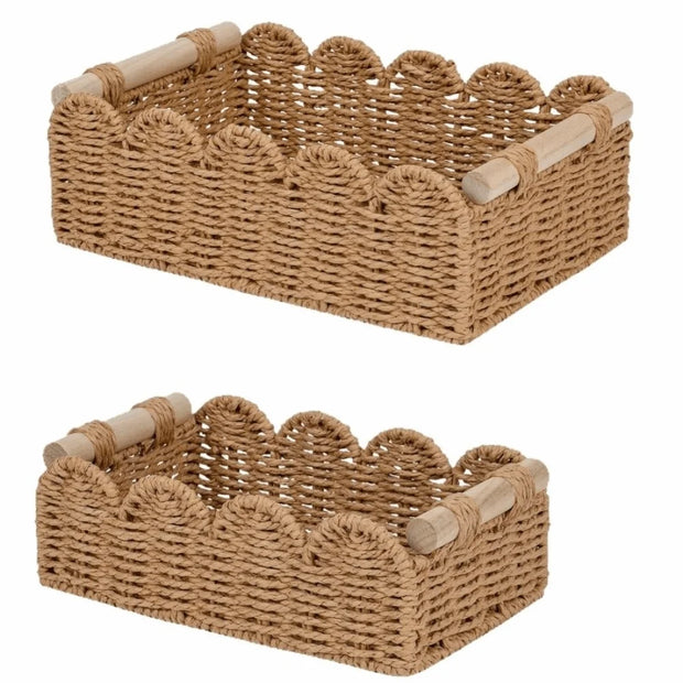 Scalloped Paper Rope Basket with Wood Handles – Boho Neutral Decor