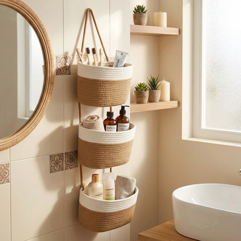 3-Tier Hanging Rope Basket | Boho Wall Organizer for Bathroom, Nursery & Kitchen
