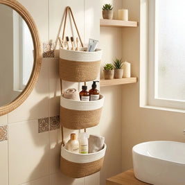3-Tier Hanging Rope Basket | Boho Wall Organizer for Bathroom, Nursery & Kitchen