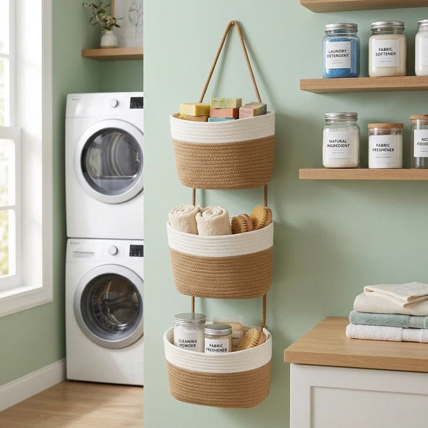 3-Tier Hanging Rope Basket | Boho Wall Organizer for Bathroom, Nursery & Kitchen