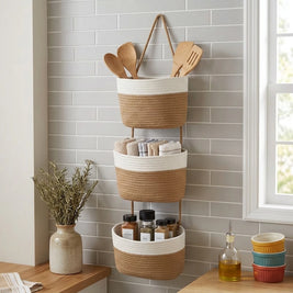 3-Tier Hanging Rope Basket | Boho Wall Organizer for Bathroom, Nursery & Kitchen