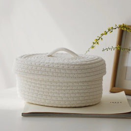 Handwoven Desktop Storage Basket with Lid — Multifunctional Organizer for Cosmetics & Sundries
