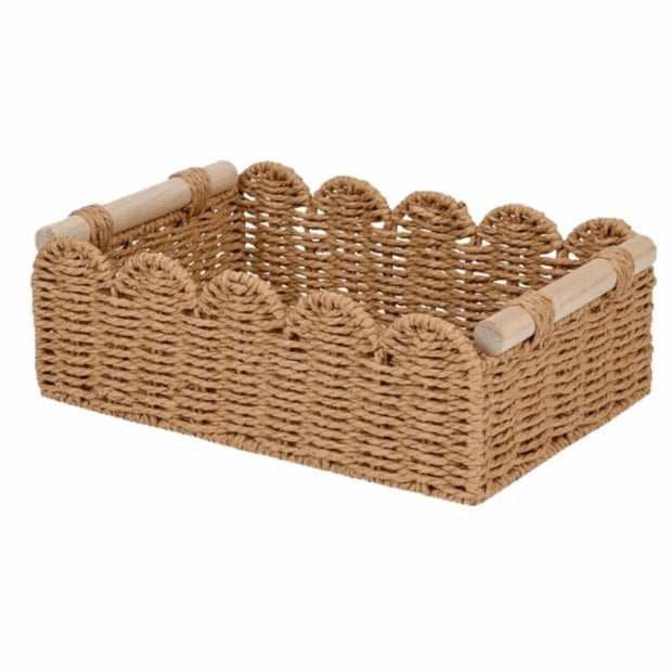Scalloped Paper Rope Basket with Wood Handles – Boho Neutral Decor