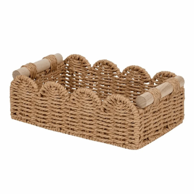 Scalloped Paper Rope Basket with Wood Handles – Boho Neutral Decor