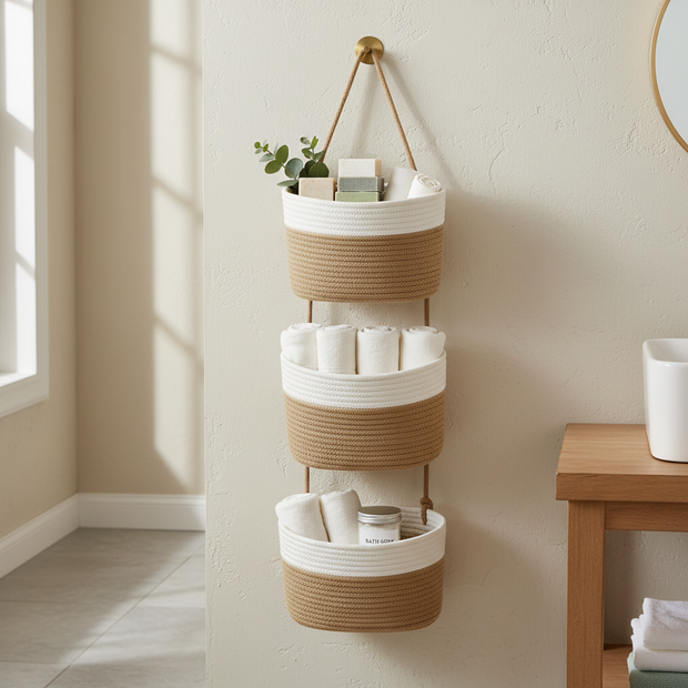 3-tier woven rope hanging basket premium lifestyle photo